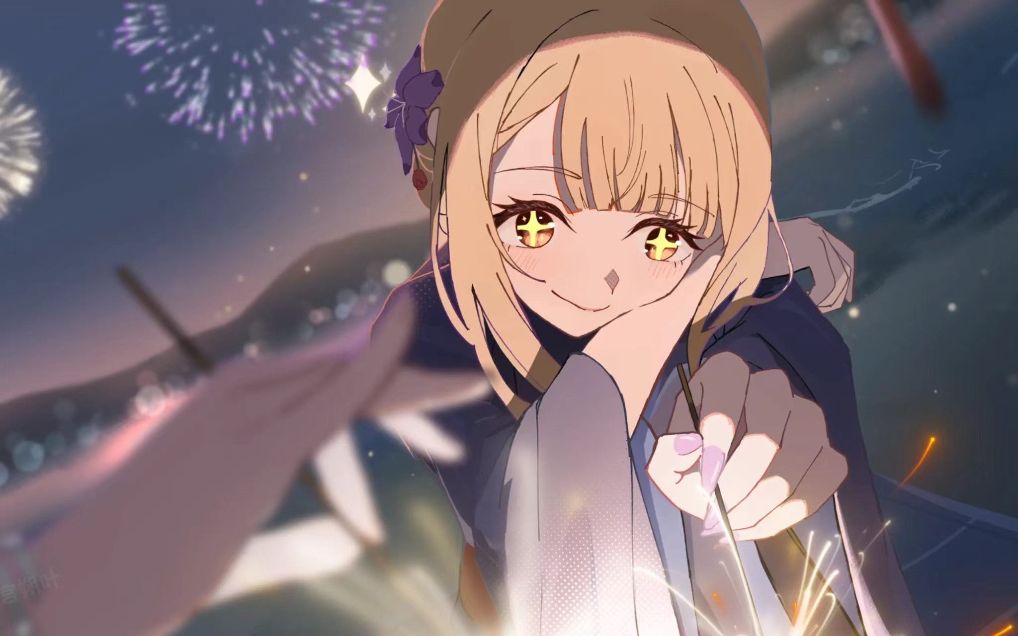 夜空烟花下的少女插画
